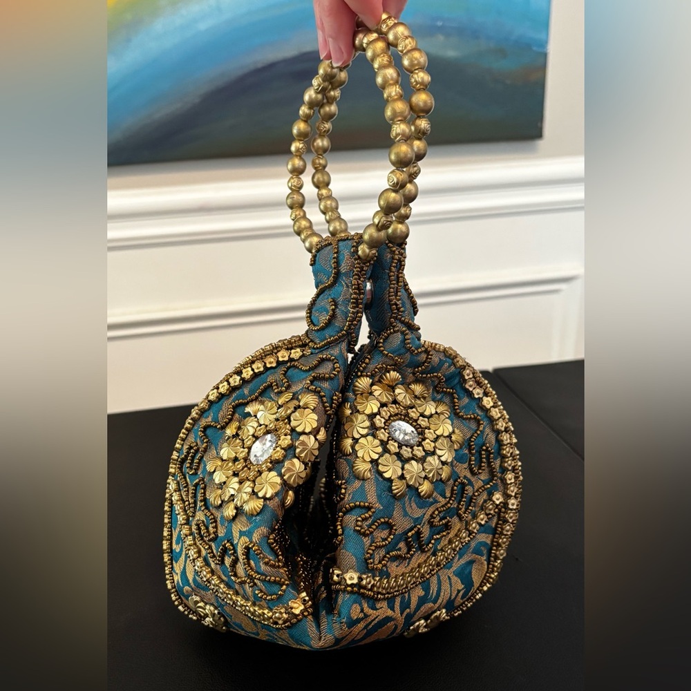 Fortune Cookie Blue and Gold Beaded Handbag